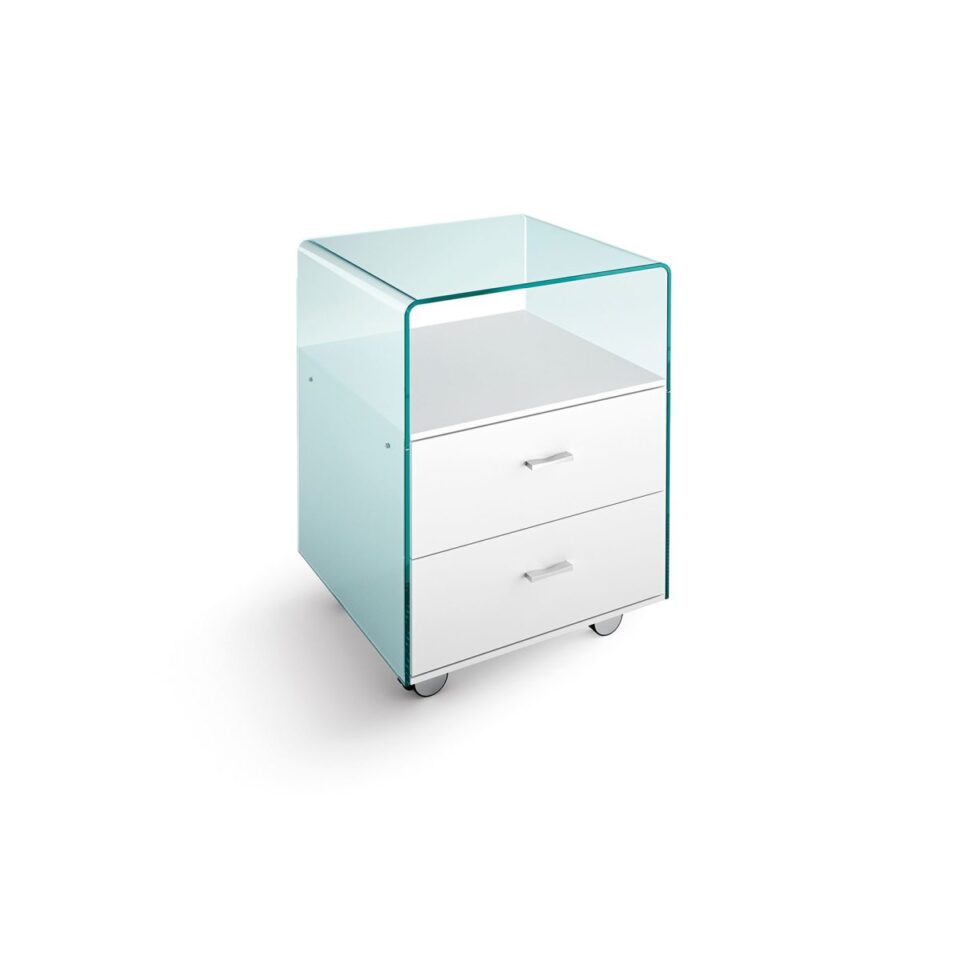 Rialto Cassettiera | Meuble à tiroirs FIAM Italia en verre cintré transparent 8 mm avec structure bois laqué blanc et poignées chromées, disponible chez D-Style Interior.