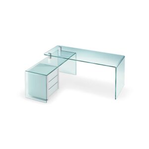 Rialto Isola | Bureau design FIAM Italia en verre cintré 15 mm avec plateau de service latéral et détails en aluminium poli, disponible sur mesure chez D-Style Interior.