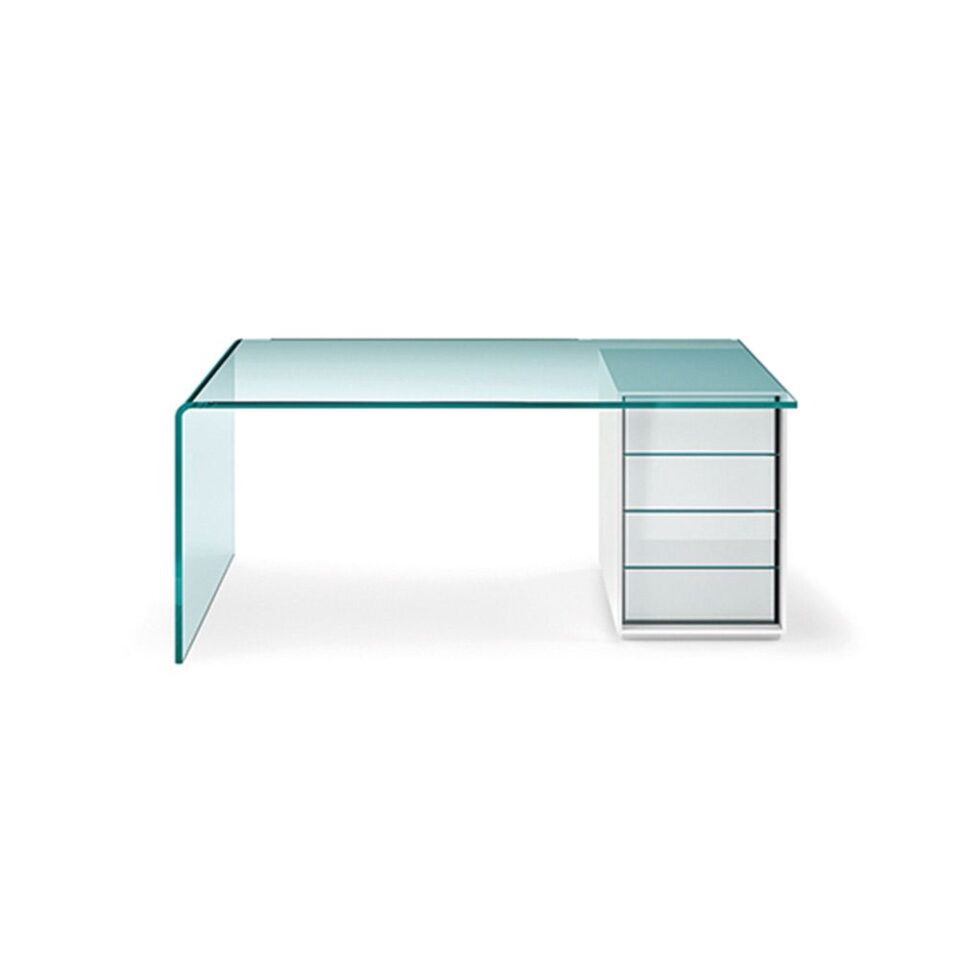 Rialto L | Bureau design FIAM Italia en verre cintré 15 mm avec tiroirs en bois laqué ou cuir, disponible sur mesure chez D-Style Interior.