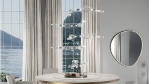 Suspension FIREFLY en verre soufflé transparent avec jonction en métal chromé et éclairage LED par Reflex Angelo, disponible chez D-Style Interior