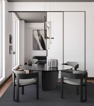 Table à manger design haut de gamme Gambler par Arketipo, plateau circulaire rayé design Lorenzo Remedi, disponible chez D-Style Interior