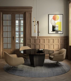 Table à manger design haut de gamme Gambler par Arketipo, plateau circulaire rayé design Lorenzo Remedi, disponible chez D-Style Interior