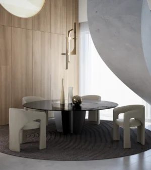 Table à manger design haut de gamme Gambler par Arketipo, plateau circulaire rayé design Lorenzo Remedi, disponible chez D-Style Interior