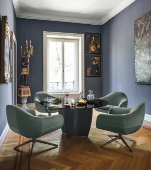 Table à manger design haut de gamme Gambler par Arketipo, plateau circulaire rayé design Lorenzo Remedi, disponible chez D-Style Interior