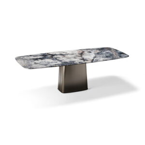 Table à manger design haut de gamme Icon par Arketipo, plateau marbre Moon grey avec pilier central métal, disponible chez D-Style Interior