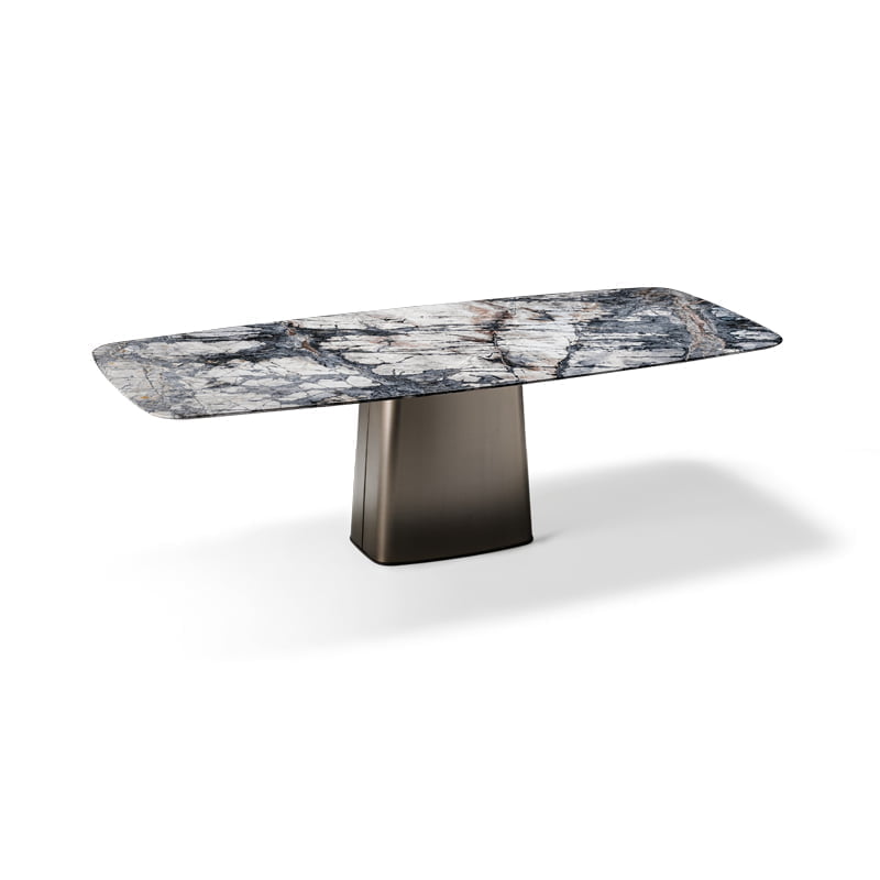 Table à manger design haut de gamme Icon par Arketipo, plateau marbre Moon grey avec pilier central métal, disponible chez D-Style Interior