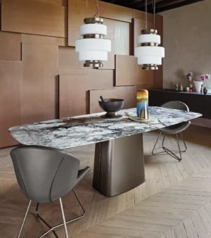 Table à manger design haut de gamme Icon par Arketipo, plateau marbre Moon grey avec pilier central métal, disponible chez D-Style Interior
