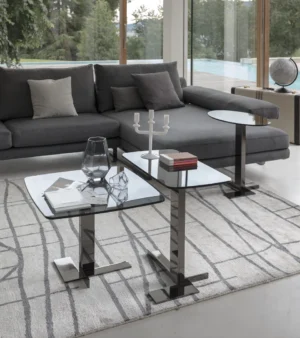 Table basse design haut de gamme Lith Arketipo par Mauro Lipparini, en marbre, grès ou verre avec base métallique, disponible chez D-Style Interior.
