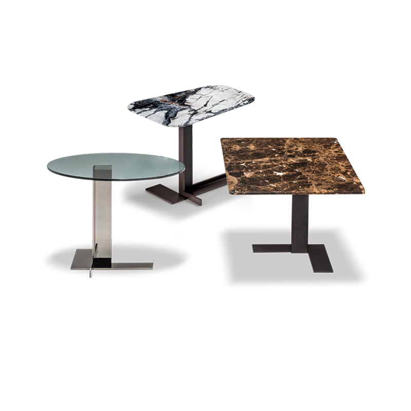 Table basse design haut de gamme Lith Arketipo par Mauro Lipparini, en marbre, grès ou verre avec base métallique, disponible chez D-Style Interior.
