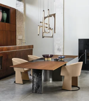 Table à manger design haut de gamme Millennium par Arketipo, plateau marbre avec pieds bois et métal, disponible chez D-Style Interior