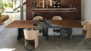 Table à manger design haut de gamme Millennium par Arketipo, plateau marbre avec pieds bois et métal, disponible chez D-Style Interior