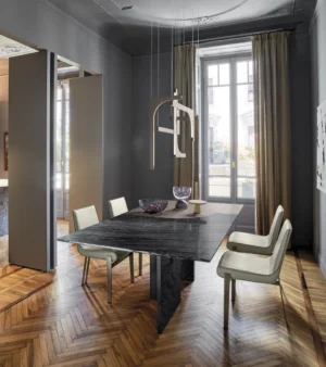 Table à manger design haut de gamme Millennium par Arketipo, plateau marbre avec pieds bois et métal, disponible chez D-Style Interior