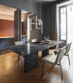 Table à manger design haut de gamme Millennium par Arketipo, plateau marbre avec pieds bois et métal, disponible chez D-Style Interior