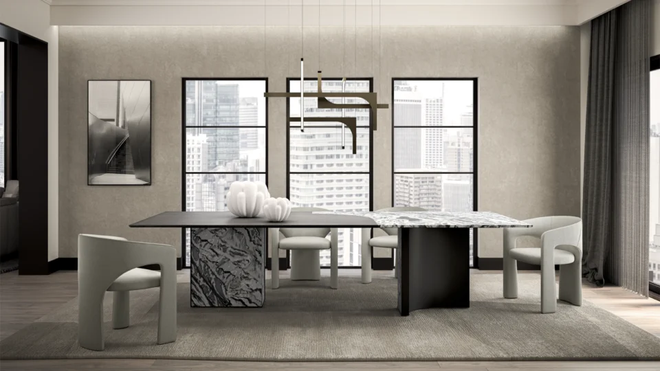 Table à manger design haut de gamme Millennium par Arketipo, plateau marbre avec pieds bois et métal, disponible chez D-Style Interior