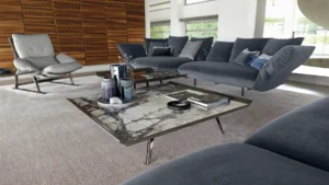 Table à manger design haut de gamme Moon Invaders Arketipo par Gino Carollo, en marbre, cuir et métal, disponible chez D-Style Interior.