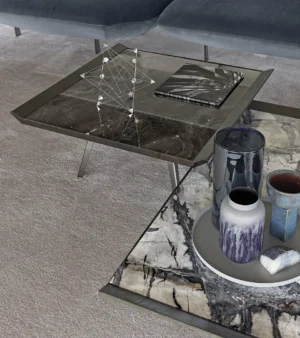 Table à manger design haut de gamme Moon Invaders Arketipo par Gino Carollo, en marbre, cuir et métal, disponible chez D-Style Interior.