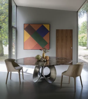 Table à manger design haut de gamme Oracle par Arketipo, base trois cercles métalliques avec plateau marbre, disponible chez D-Style Interior