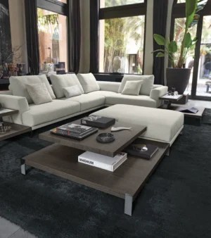 Table basse design haut de gamme That's Life par Arketipo, design Mauro Lipparini, plateaux bois et marbre, disponible chez D-Style Interior.