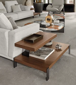 Table basse design haut de gamme That's Life par Arketipo, design Mauro Lipparini, plateaux bois et marbre, disponible chez D-Style Interior.