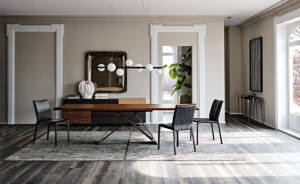 Premier Wood Drive table extensible en bois et acier laqué signée Cattelan Italia, alliant élégance naturelle, innovation et design contemporain. Disponible chez D-Style Interior.