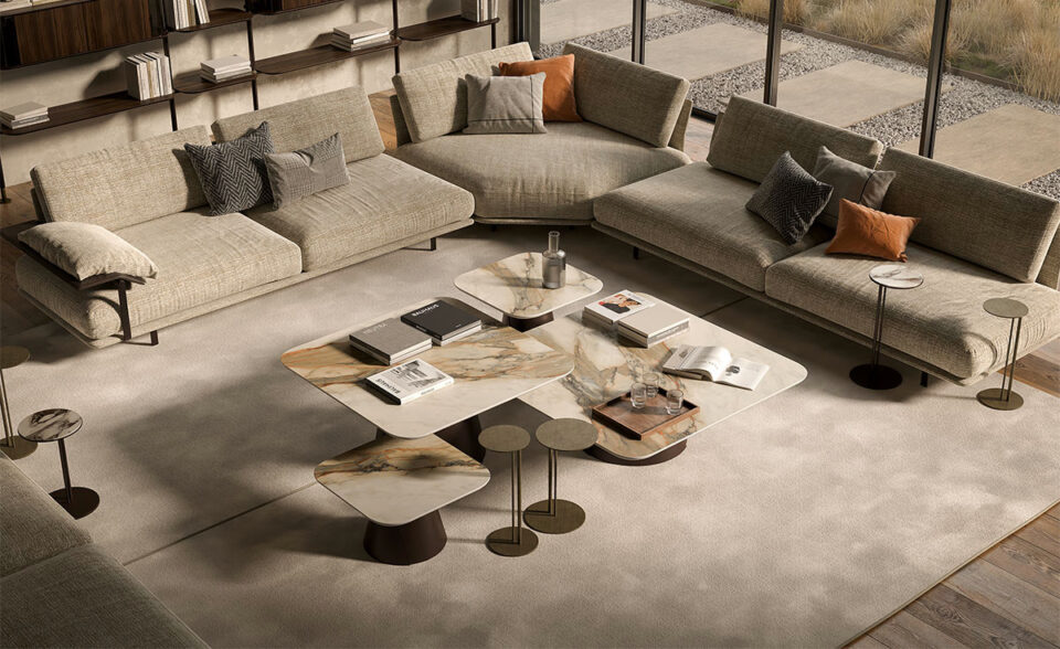 Table basse design haut de gamme Albert Keramik S par Cattelan Italia, plateau céramique Marmi avec base conique métallique, disponible chez D-Style Interior.