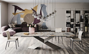 Tyron Keramik table design haut de gamme par Cattelan Italia avec base en acier embossé et plateau en céramique Marmi. Disponible chez D-Style Interior.