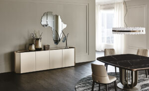 Buffet design haut de gamme Chelsea par Cattelan Italia, design Alessio Bassan aux formes géométriques avec plateau verre miroir, disponible chez D-Style Interior
