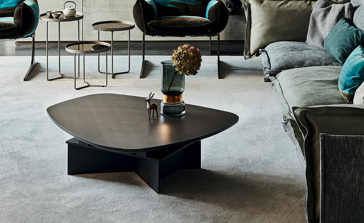 Table basse design haut de gamme Orlando par Cattelan Italia, table transformable à deux hauteurs, structure acier et plateaux mixte, disponible chez D-Style Interior.