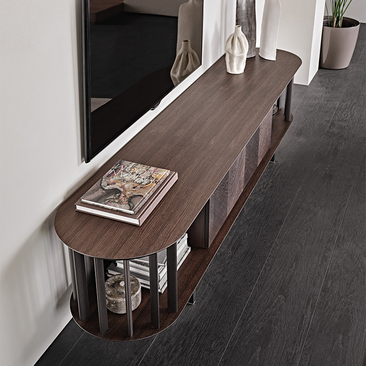 Meuble TV design haut de gamme Costes TV par Cattelan Italia, structure bois avec inserts métalliques bronze, disponible chez D-Style Interior