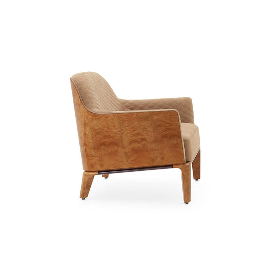 Morley | Fauteuil design Bentley Home en cuir ou tissu, structure en bois courbé, détails acier gris canon, idéal avec pouf Sherwood, disponible chez D-Style Interior