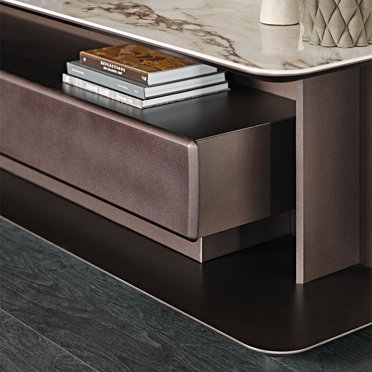 Meuble TV design haut de gamme Award par Cattelan Italia, plateau céramique Marmi et structure bois laqué, disponible chez D-Style Interior