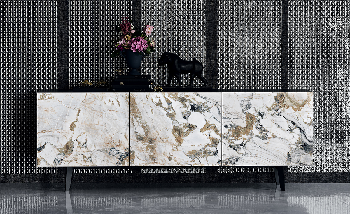 Buffet design haut de gamme Metropol par Cattelan Italia, portes céramique Marmi avec structure bois laqué, disponible chez D-Style Interior