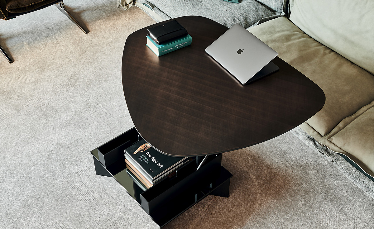 Table basse design haut de gamme Orlando par Cattelan Italia, table transformable à deux hauteurs, structure acier et plateaux mixte, disponible chez D-Style Interior.