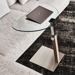 Table basse design haut de gamme Lap par Cattelan Italia, hauteur ajustable avec plateau verre et base acier ou cuir, disponible chez D-Style Interior.