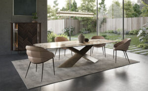 Tyron Keramik table design haut de gamme par Cattelan Italia avec base en acier embossé et plateau en céramique Marmi. Disponible chez D-Style Interior.
