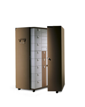 Bibliothèque design haut de gamme Oceano par Poltrona Frau, malle-bibliothèque en cuir Pelle Frau® avec bureau rabattable, disponible chez D-Style Interior