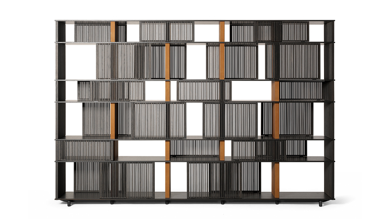 Bibliothèque design Lloyd par Poltrona Frau, système à géométrie variable avec grilles coulissantes, disponible chez D-Style Interior