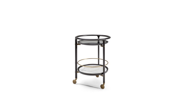 Bibliothèque design haut de gamme DUO Trolley par Poltrona Frau, structure frêne massif avec plateaux verre et marbre, détails laiton bronzé et roulettes