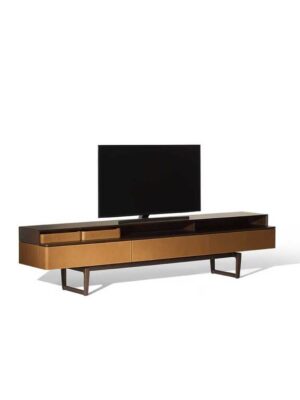 Meuble TV design haut de gamme Fidelio Multimedia Cabinet par Poltrona Frau, structure frêne avec tiroirs cuir, disponible chez D-Style Interior