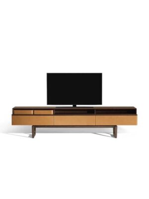 Meuble TV design haut de gamme Fidelio Multimedia Cabinet par Poltrona Frau, structure frêne avec tiroirs cuir, disponible chez D-Style Interior