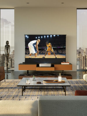 Meuble TV design haut de gamme Fidelio Leica par Poltrona Frau x Leica, écran intégré 100 pouces, structure frêne massif, disponible chez D-Style Interior