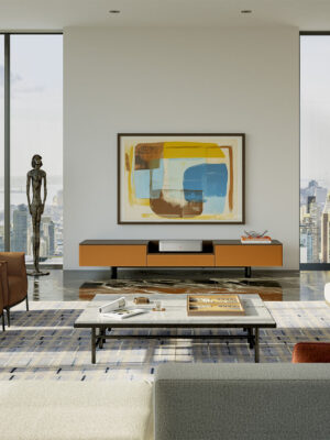 Meuble TV design haut de gamme Fidelio Leica par Poltrona Frau x Leica, écran intégré 100 pouces, structure frêne massif, disponible chez D-Style Interior