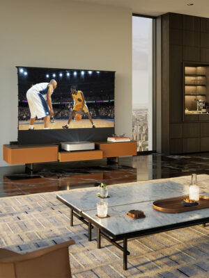 Meuble TV design haut de gamme Fidelio Leica par Poltrona Frau x Leica, écran intégré 100 pouces, structure frêne massif, disponible chez D-Style Interior