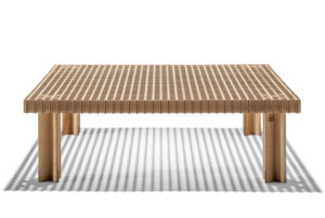 Kyoto | Table basse design haut de gamme Poltrona Frau, plateau frêne massif avec inserts noyer Canaletto, pieds X amovibles, finition laquée noire ou naturelle, disponible chez D-Style Interior
