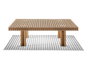 Kyoto | Table basse design haut de gamme Poltrona Frau, plateau frêne massif avec inserts noyer Canaletto, pieds X amovibles, finition laquée noire ou naturelle, disponible chez D-Style Interior