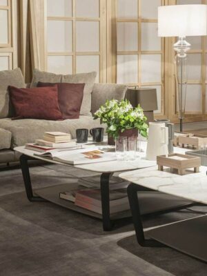 Fiorile | Table basse design haut de gamme Poltrona Frau avec double surface, piètement en frêne massif moka ou wengé, plateau supérieur bois ou marbre, plateau inférieur cuir Pelle Frau®, disponible chez D-Style Interior