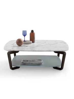 Fiorile | Table basse design haut de gamme Poltrona Frau avec double surface, piètement en frêne massif moka ou wengé, plateau supérieur bois ou marbre, plateau inférieur cuir Pelle Frau®, disponible chez D-Style Interior
