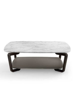Fiorile | Table basse design haut de gamme Poltrona Frau avec double surface, piètement en frêne massif moka ou wengé, plateau supérieur bois ou marbre, plateau inférieur cuir Pelle Frau®, disponible chez D-Style Interior