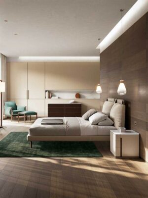 Times Lit design haut de gamme par Poltrona Frau avec tête de lit en frêne et bandes verticales en cuir Pelle Frau®, coussin personnalisable, design haut de gamme italien chez D-Style Interior