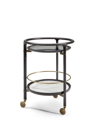Bibliothèque mobile design haut de gamme DUO Trolley par Poltrona Frau, structure frêne massif avec plateaux verre et marbre, détails laiton bronzé et roulettes